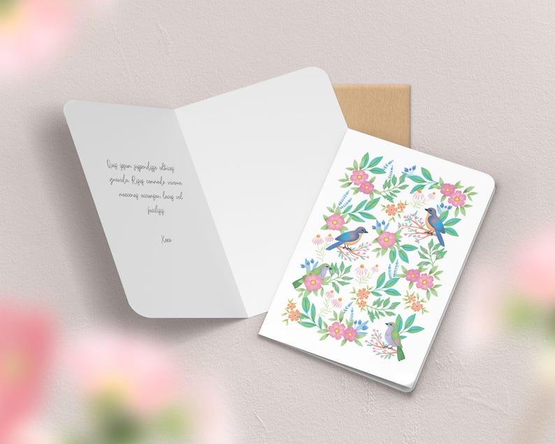 Carte de vœux double fleurs, printemps | Illustration, papeterie Oiseaux printemps