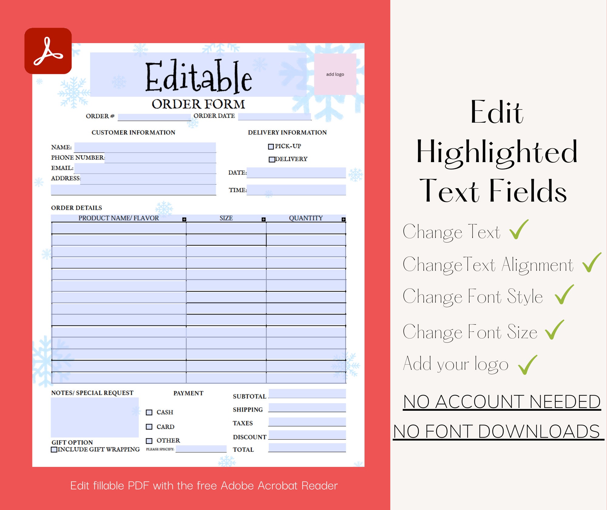 Example Gift Order Form Christmas Order Form Template Bundle, Editable, Fillable PDF Form, US ...