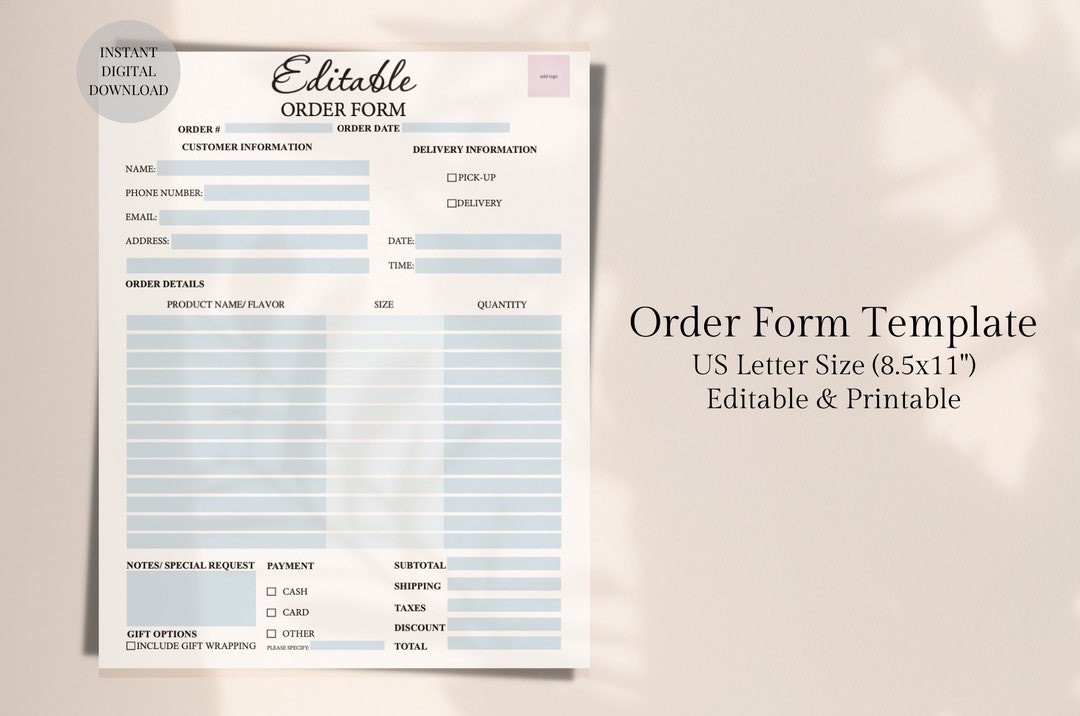 Editable Order Form Template Blue, Printable Fillable PDF, Minimalist ...