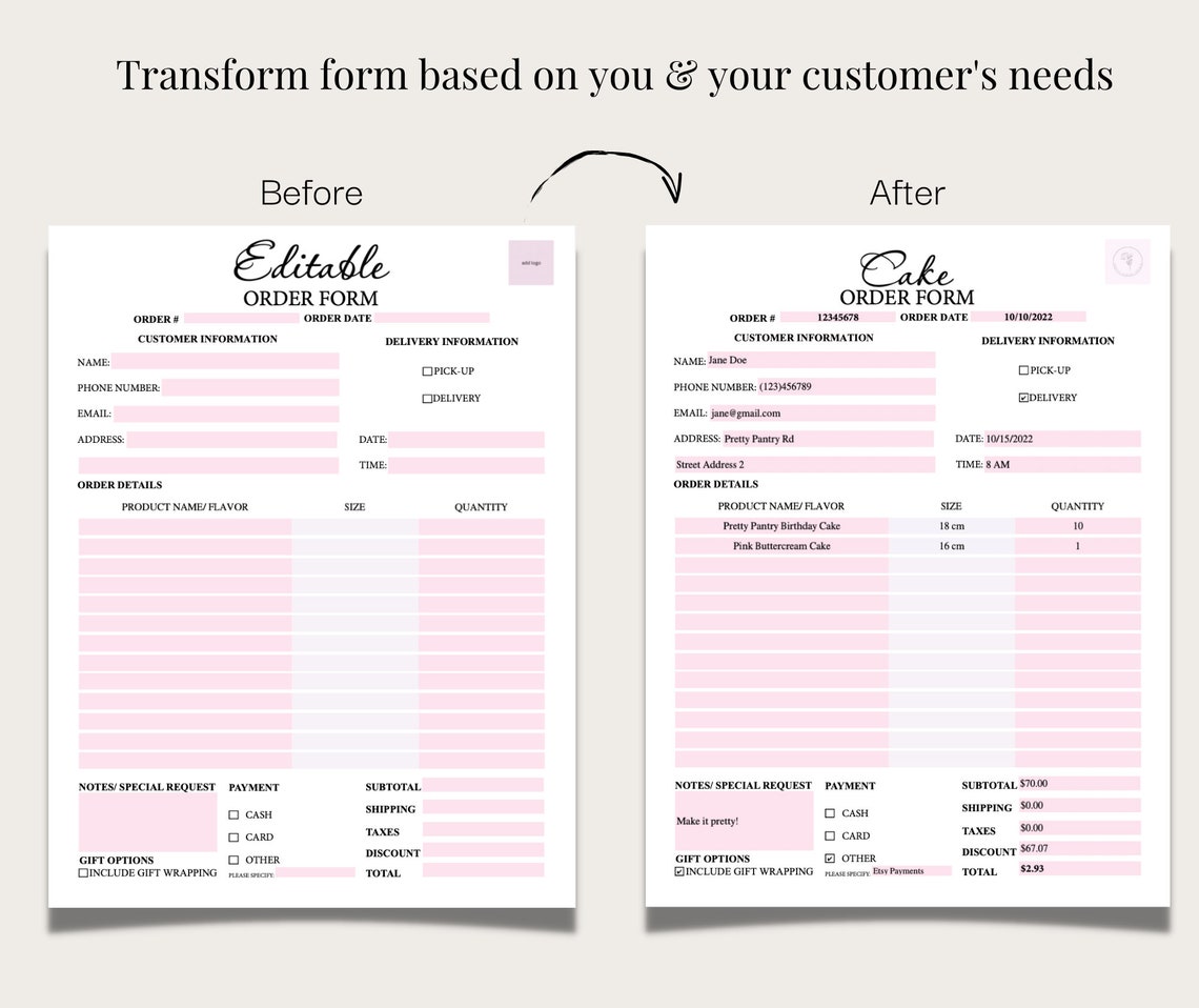 Editable Order Form Template, Printable Fillable PDF Form, US Letter ...