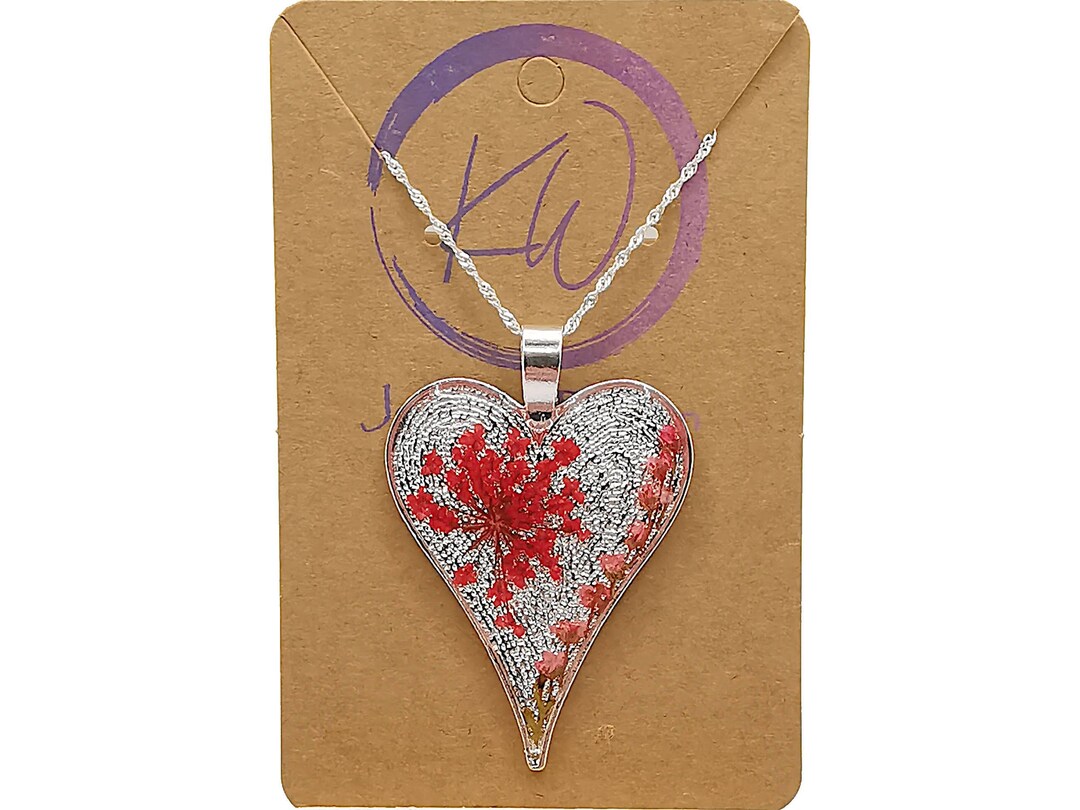 Silver Floral Necklace, Heart Flower Pendant, Handcrafted Heart, Resin
