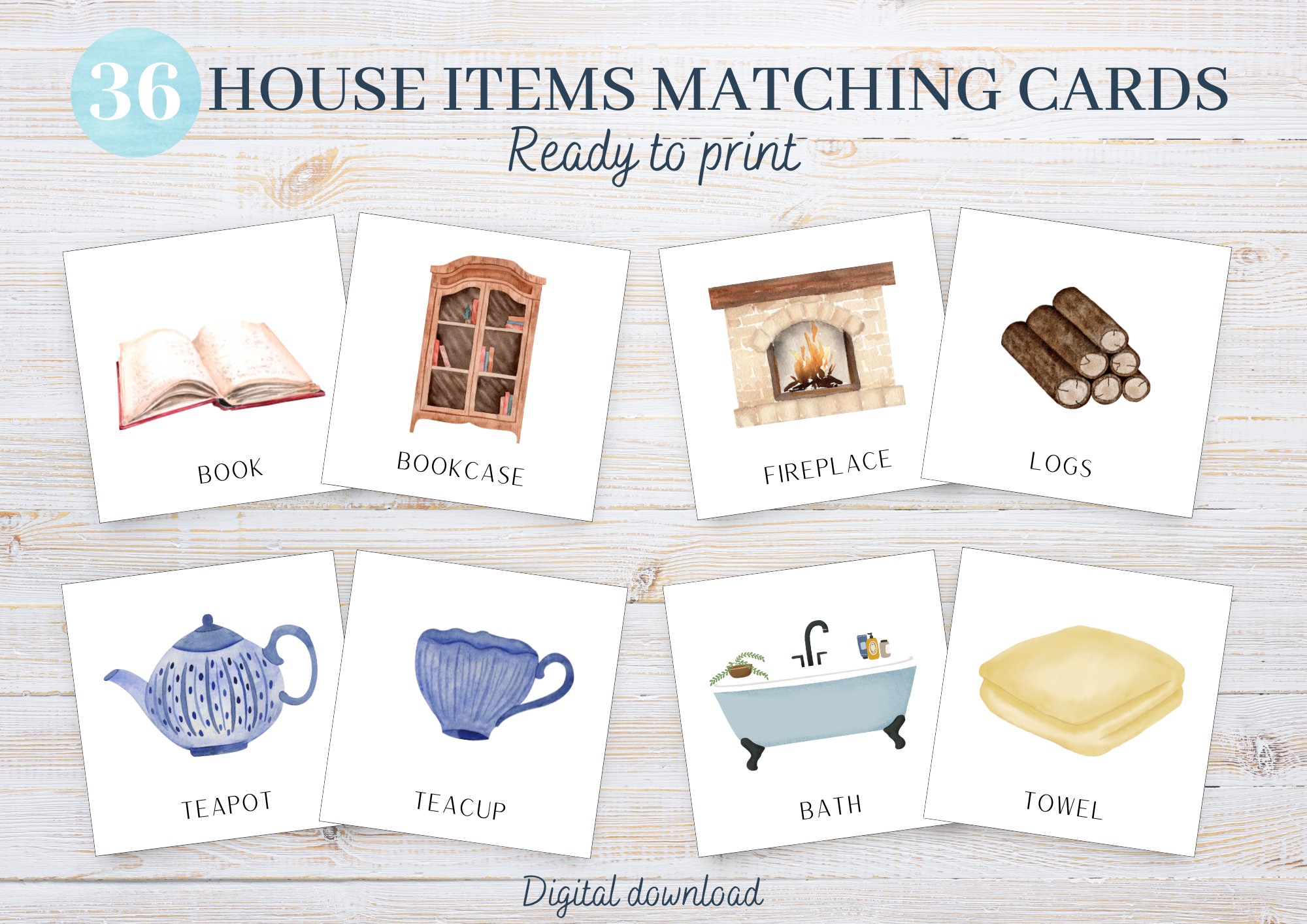 36 House Items Printable Matching Cards Matching Game Homeschool