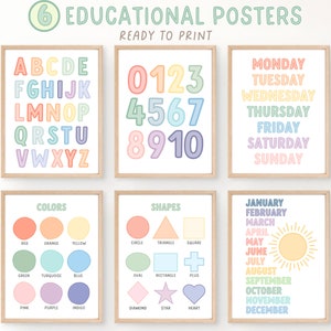 BUNDLE 6 Carteles educativos / Imprimibles preescolares para educación en el hogar / ABC / Números / Colores / Formas / Impresiones educativas / Descarga digital