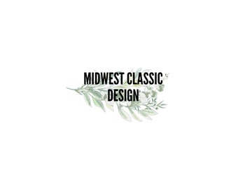 Può includere: Un logo per un'azienda di design chiamata "Midwest Classic Design". Il logo presenta un ramo verde stilizzato con fiori bianchi.