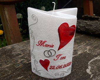 Hochzeitskerze perlmutt mit Herz, edle Hochzeitsdeko, ein personalisiertzes Geschenk für das Brautpaar, moderne Hochzeitskerze