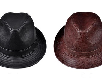 Fedora High Quality Genuine Leather Hat, Jazz Fedora Hat, Gentleman CowHide Hat, Short Brim Black/Brown, Male Fedora Hat