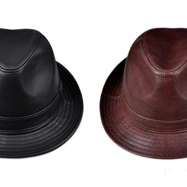 Fedora High Quality Genuine Leather Hat, Jazz Fedora Hat, Gentleman CowHide Hat, Short Brim Black/Brown, Male Fedora Hat