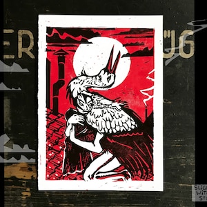 Stork linocut - original lino print, red, handmade