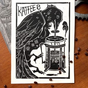 Linoldruck Krähe mit Kaffee