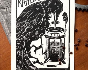 Linoldruck Krähe mit Kaffee