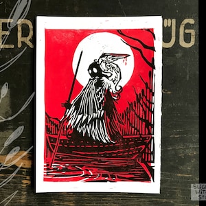 Heron linocut - original lino print, red, handmade