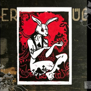 Hare linocut - original lino print, red, handmade