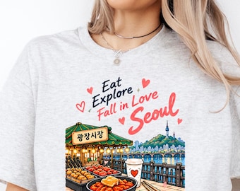 T-shirt de voyage à Séoul, Corée du Sud, T-shirt pour les amoureux de la cuisine coréenne, T-shirt du marché de Gwangjang, Cadeau pour les amoureux de la Corée, T-shirt de vacances à Séoul pour femmes