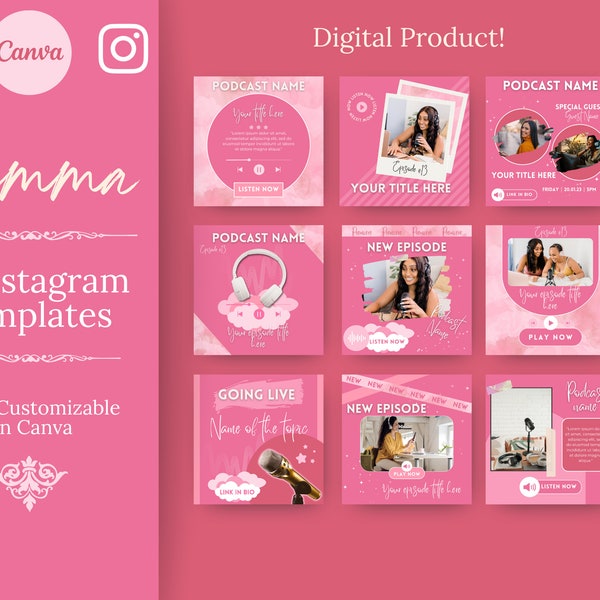21 Editable Podcast Instagram Template, Canva Templates for Podcast Promotion, Instagram marketing