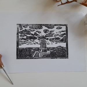 Linolschnitt "Der Leuchtturm von Ploumanach"