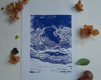 Abstract Linocut "Moon and Sea"