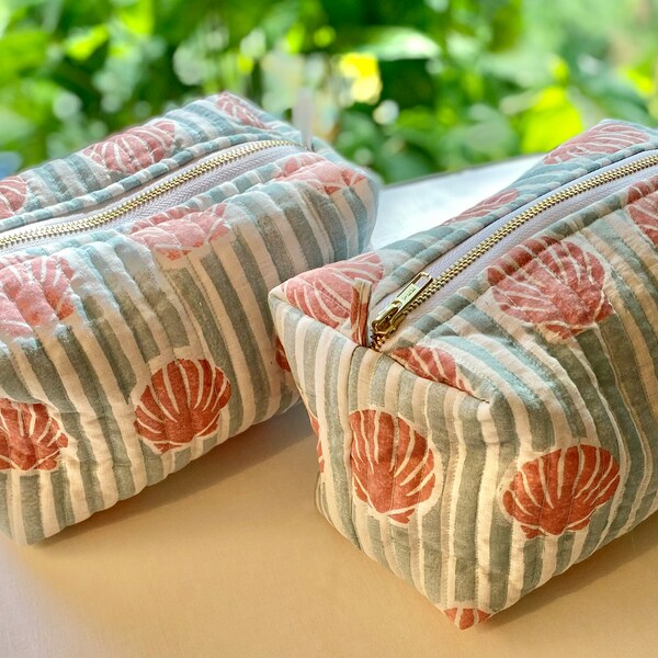 Wash bag - block print wash bag | sustainable | blue | pink | waterproof lining | hand block print | quilted | stripe | seashell