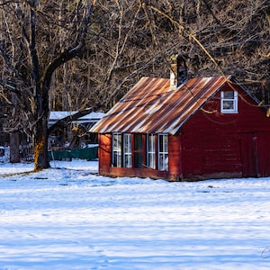 Hudson Valley NY red barn, snow storm. Winter, nature, cold weather lover gift. Wall art for hunting, vacation cabin. Mountain landscape.