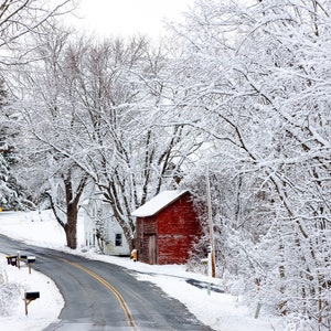 Hudson Valley NY red barn, snow storm. Winter, nature, cold weather lover gift. Wall art for hunting, vacation cabin. Mountain landscape.