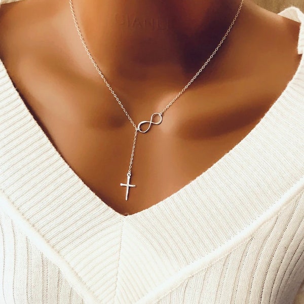 Birthday Gift, Sterling Silver Infinity Cross Necklace, Christmas Gift, Baptism Gift