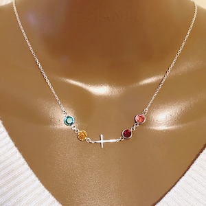 Christmas Gift, Personalized Sideway Cross With Swarovski Birthstone Necklace, Custom Swarovski Birthstone, Birthday Gift