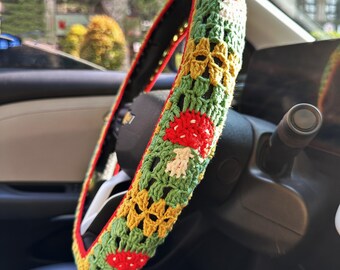 Handmade Mushroom Car Steering Wheel Cover | Steering Wheel Cover | Car Accessories | Crocheted Cute Seat Belt Cover | Gift for Her