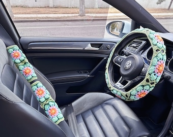 Crochet Steering Wheel Cover for women, Green Galsang Flower Wheel Cover Vantage Flower Crochet seat belt Cover, Car Accessories,Gifts