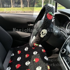 Skull and Strawberry Crochet Car Steering Wheel Cover, Strawberry and Skull Car Seat Belt, Handmade, Car Accessories, Gift for Her,Halloween