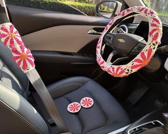 Daisy Granny Crochet Car Steering Wheel Cover, Crochet Daisy Car Seat Belt, Handmade,Daisy Granny Women Gift,Car Accessories,Gift for her