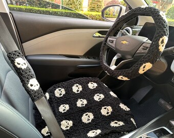 Crochet skull car steering wheel cover |Handmade skull steering wheel cover | Car decoration | Crochet cute seat belt cover | Halloween gift