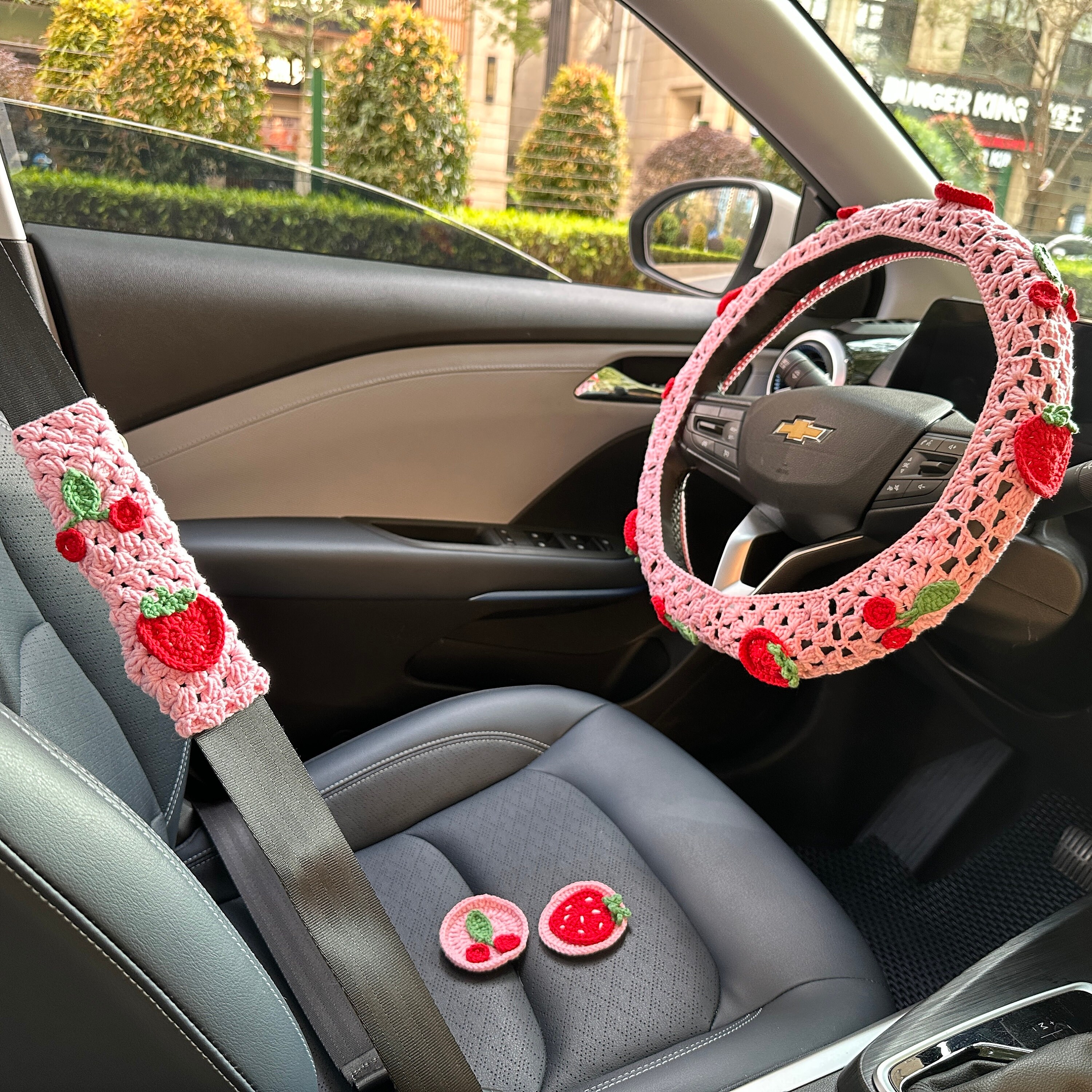 ZPINXIGN Strawberry Cow Seat Cover with Steering Wheel Cover Cute Car Seat  Cover Full Set for Women Pink Car Accessories Bench Seat Cover for