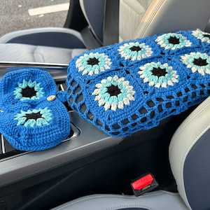 Crochet Car Center Console Cover,Handmade Devil&#39;s Eye, Center Console Cover,Crochet Granny Square Car Center Console Cover, Car Accessory