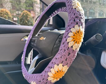 Purple flower car steering wheel cover | Handmade crochet steering wheel cover |Car decoration | Crochet cute seat belt cover | Gift for her