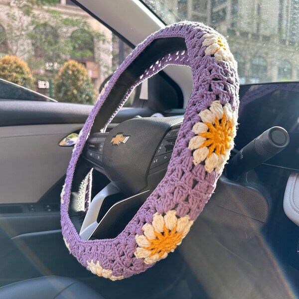 Purple flower car steering wheel cover | Handmade crochet steering wheel cover |Car decoration | Crochet cute seat belt cover | Gift for her