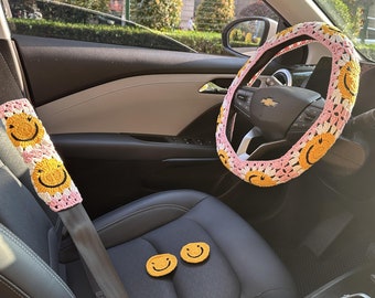 Pink Smiley Crochet Car Steering Wheel Cover| Smiley Car Seat Belt Cover |Handmade| Car Accessories |Gift for Her| New Car Decoration