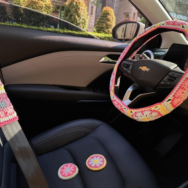 Flower Car Steering Wheel Cover| Crochet Steering Wheel Cover| Flower Seat Belt Cover| Cute Steering Wheel Cover| car accessories |Gift