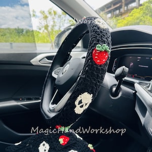Crochet Steering Wheel Cover, Skull and Strawberry Steering Wheel Cover,Cute seat belt Cover, Car Accessories,Car Seat Cover,New Car Gifts