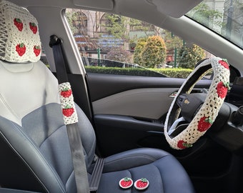 White strawberry crochet car steering wheel cover,Strawberry car seat belt,Handmade,Crochet,Car accessories,Gift for her,New Car Becoration