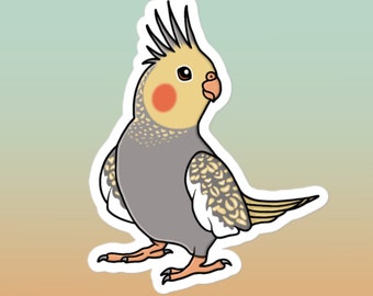 Puede incluir: Una ilustración de dibujos animados de un cacatúa gris y amarillo con una mancha roja en la mejilla. El cacatúa está de pie sobre una superficie blanca.