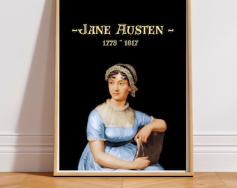 May include: A framed black and white portrait of Jane Austen, an English novelist, with the text "Jane Austen" and "1775 - 1817" in gold lettering.