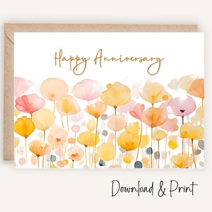 Biglietto d'auguri stampabile per anniversario di matrimonio, auguri per moglie, marito, genitori, amici, elegante acquerello floreale, DOWNLOAD DIGITALE