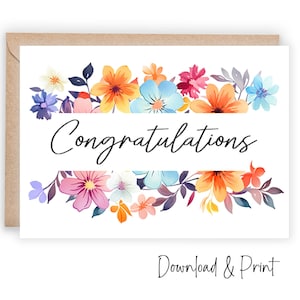 Gefeliciteerd kaart om te downloaden en af te drukken, eenvoudige felicitaties bloemen om te zeggen goed gedaan, zo trots op je, maten 7 x 5 A2 DIGITALE DOWNLOAD