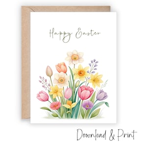Biglietto di auguri di buona Pasqua, graziosi fiori primaverili stampabili per celebrare la stagione pasquale con amici e familiari, DOWNLOAD DIGITALE