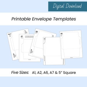 以下が含まれることがあります： A1、A2、A6、A7、12.7cm正方形など、さまざまなサイズの白い印刷可能な封筒テンプレートのコレクション。画像には「デジタルダウンロード」と「印刷可能な封筒テンプレート」というテキストが含まれています。