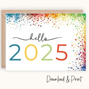 Tarjeta imprimible de Hola 2025, saludos de Feliz Año Nuevo, tarjeta de Feliz 2025, celebración de Nochevieja, tarjeta imprimible DIY, DESCARGA DIGITAL