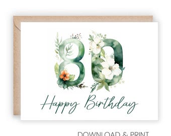 Printable 80th birthday Card in Greenery and Flowers (Sizes 5x7 & A2)