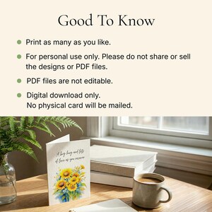 a card with a floral design and a mug of coffee on a wooden table, with a window and books in the background.