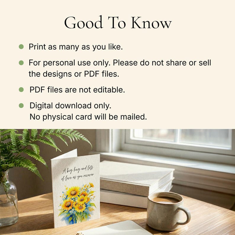a card with a floral design and a mug of coffee on a wooden table, with a window and books in the background.