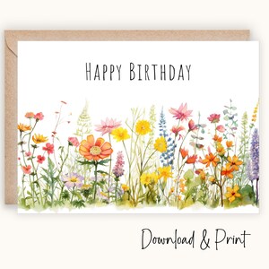 Afdrukbare gelukkige verjaardagskaart, kleurrijke aquarel wilde bloemen om een eenvoudige groet te sturen, twee maten: 5 x 7 en A2, DIGITALE DOWNLOAD