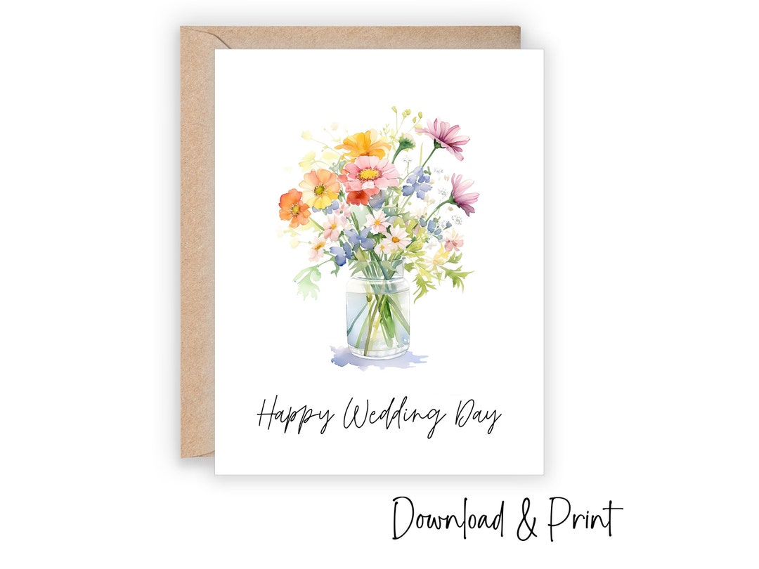 Printable Happy Wedding Day Card With Watercolor Bouquet (sizes 5x7 ...